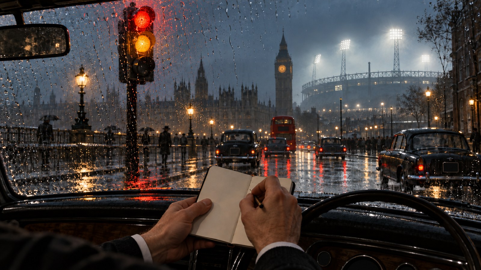 A rainy London traffic signal reflected in a car windscreen beside a referee notebook