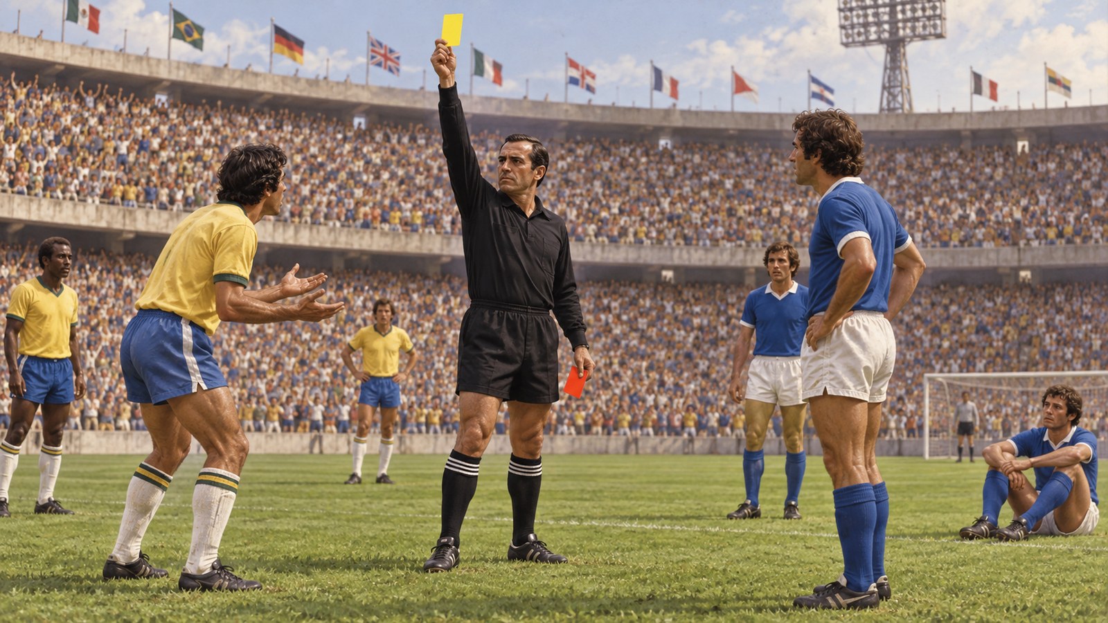 A referee in a plain black uniform holding simple blank yellow and red cards before a packed 1970 stadium