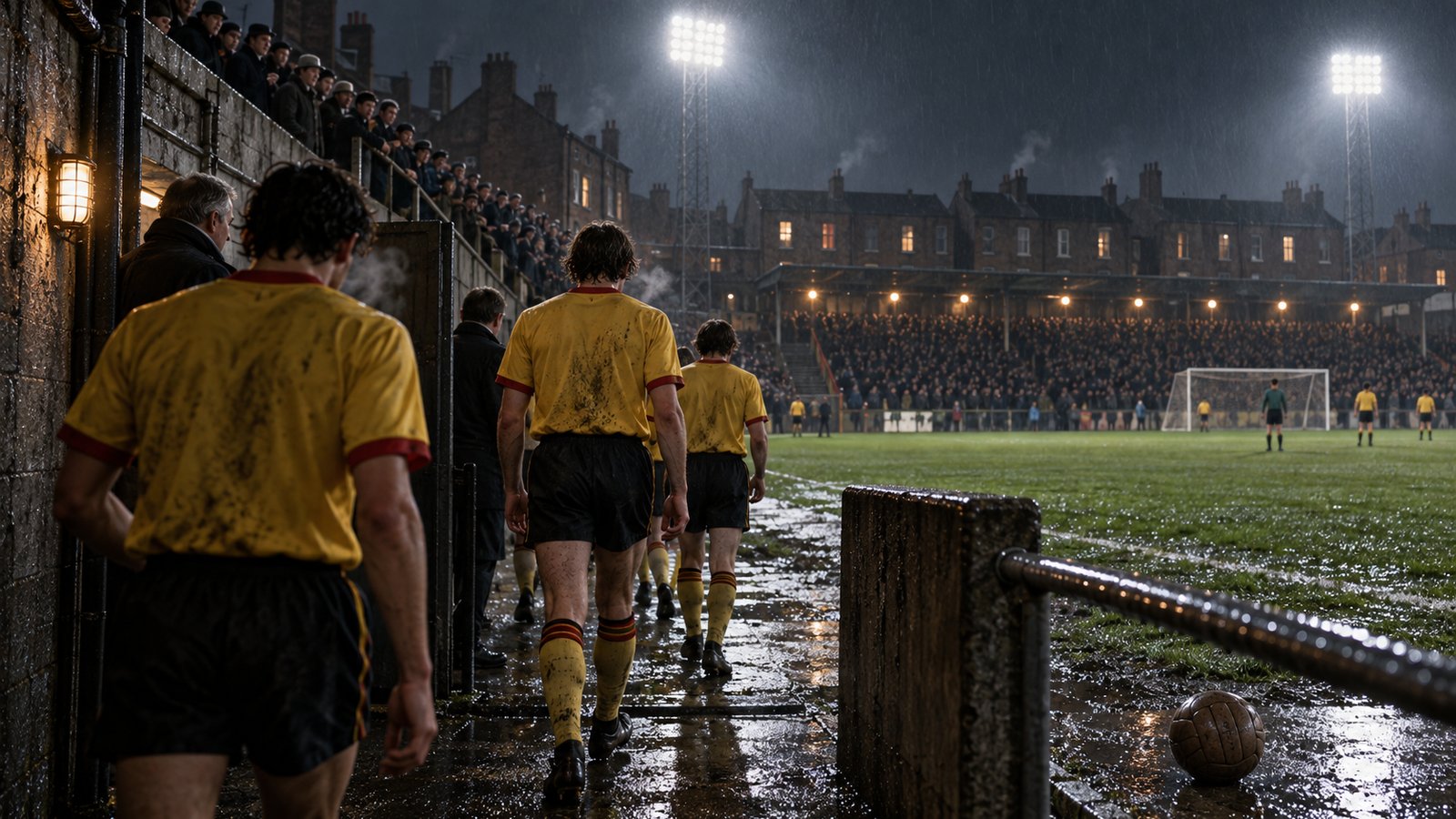 A small Belgian football ground under floodlights before a 1987 European match