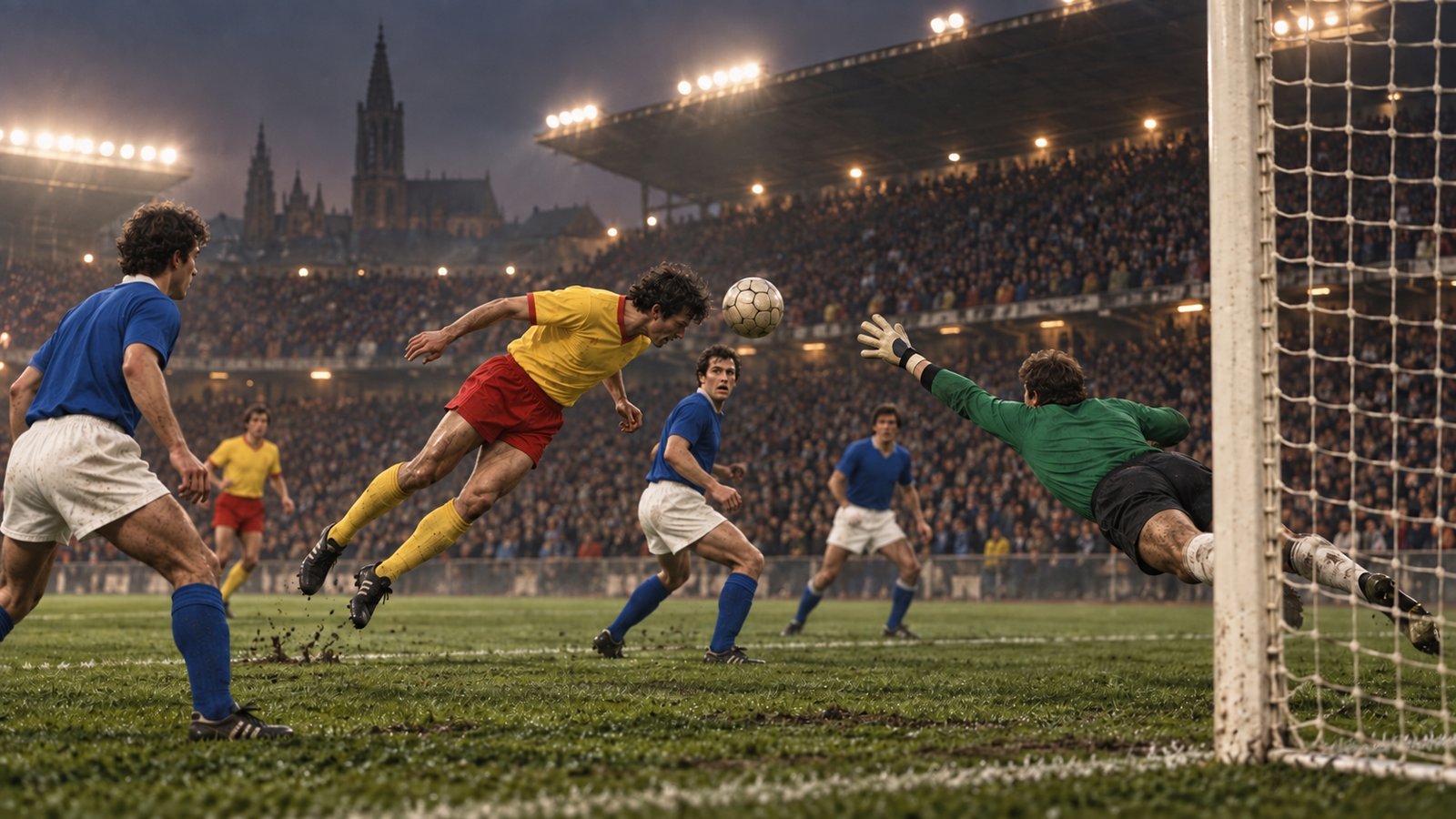 A fictional yellow-and-red forward heading a cross down toward goal in a 1988 European final