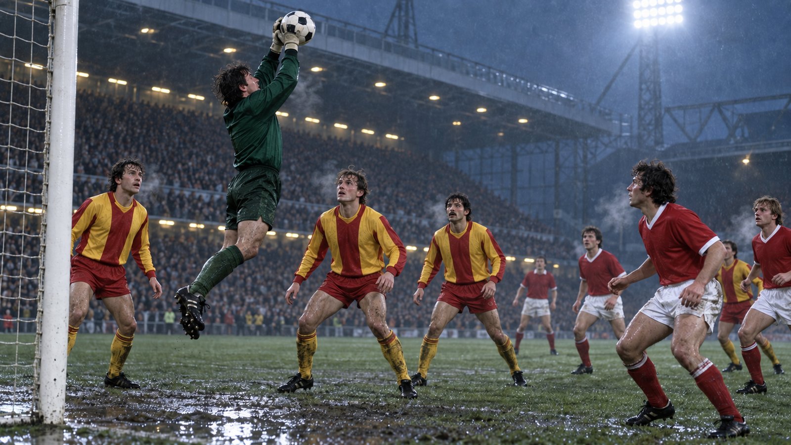 A fictional Belgian team defending a three-goal European Super Cup lead under winter floodlights