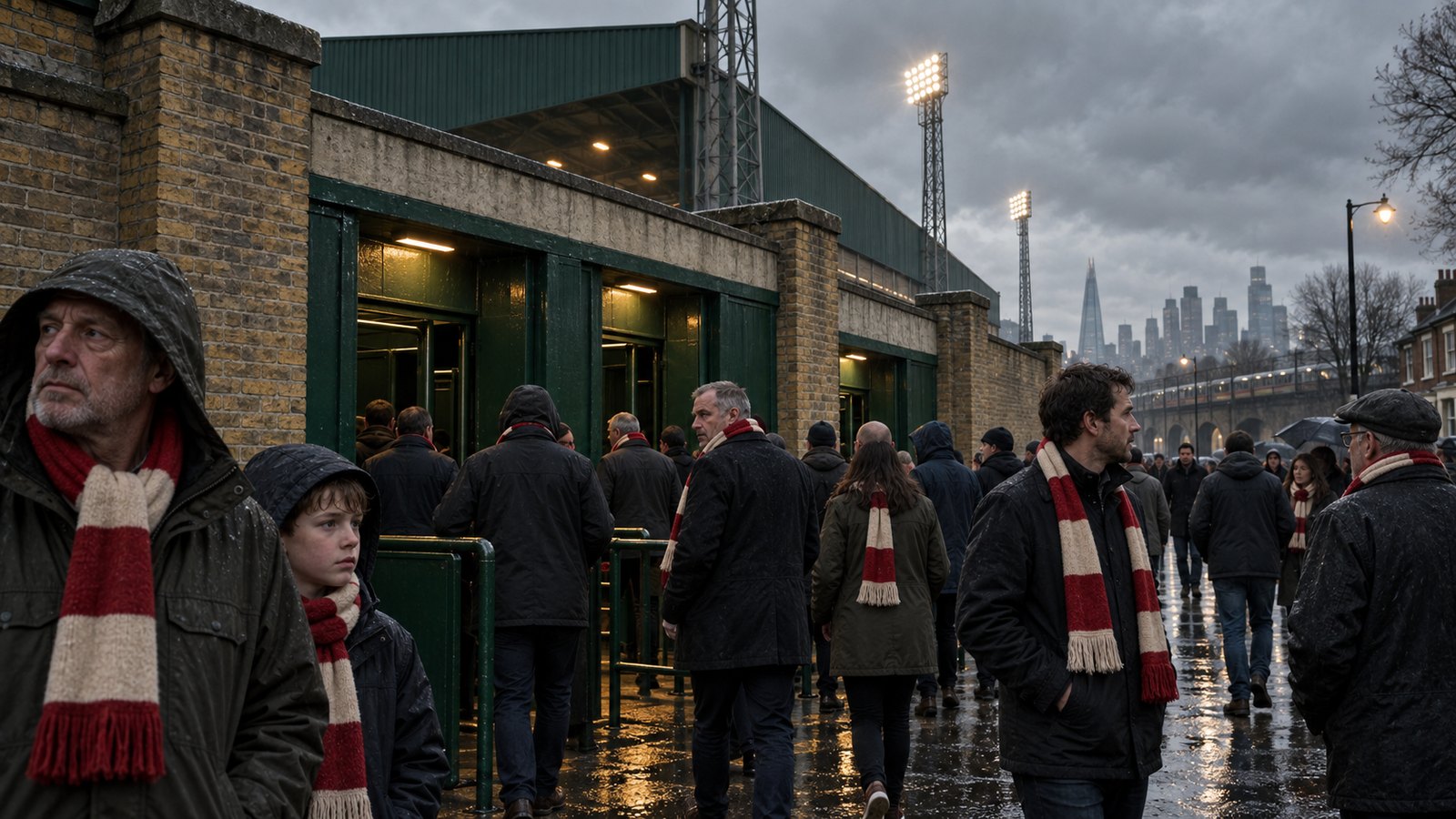 Supporters in red scarves gather outside a small East London football ground beneath grey spring skies