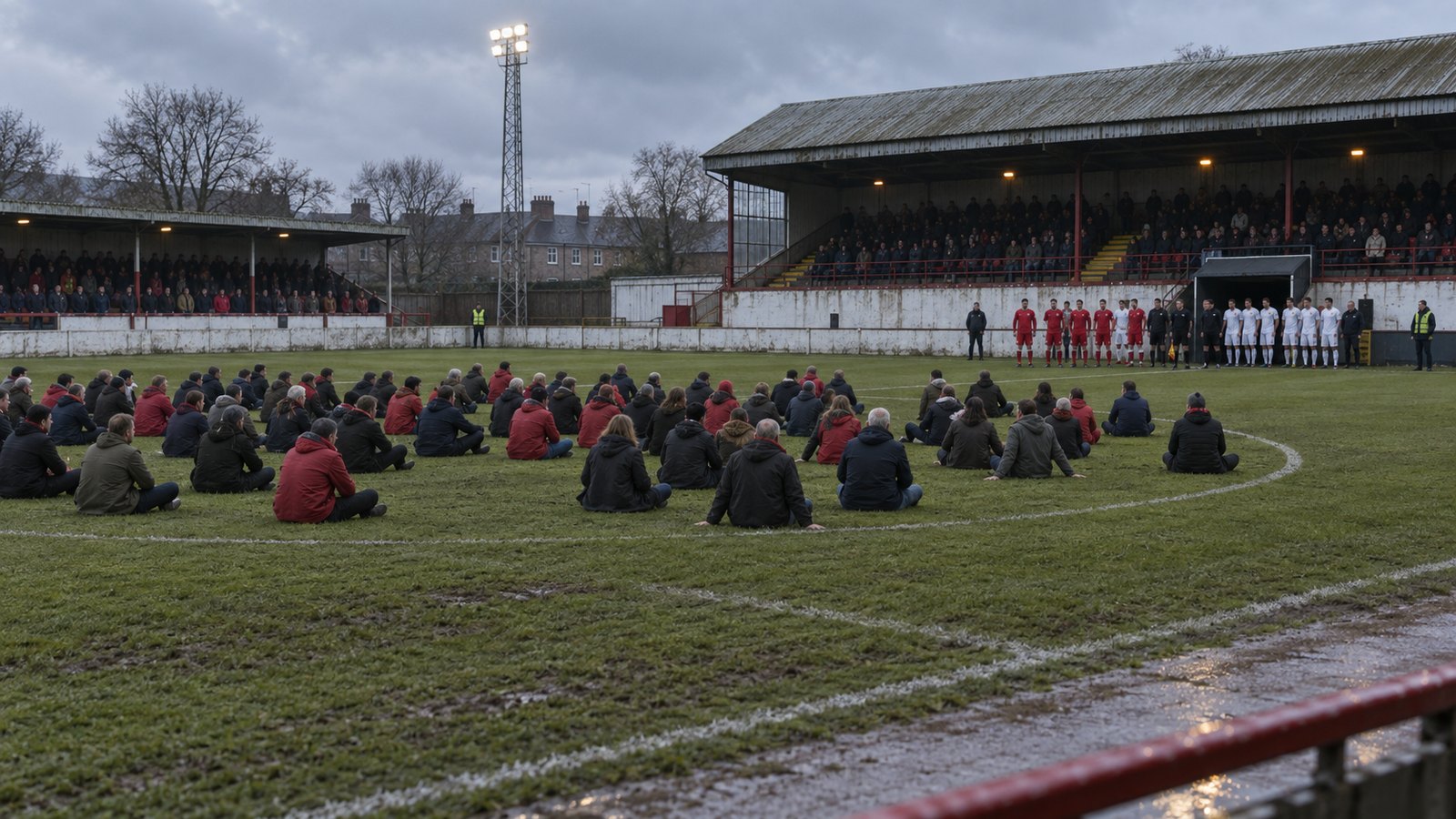 Peaceful football supporters sit across a worn pitch while generic players wait near the tunnel