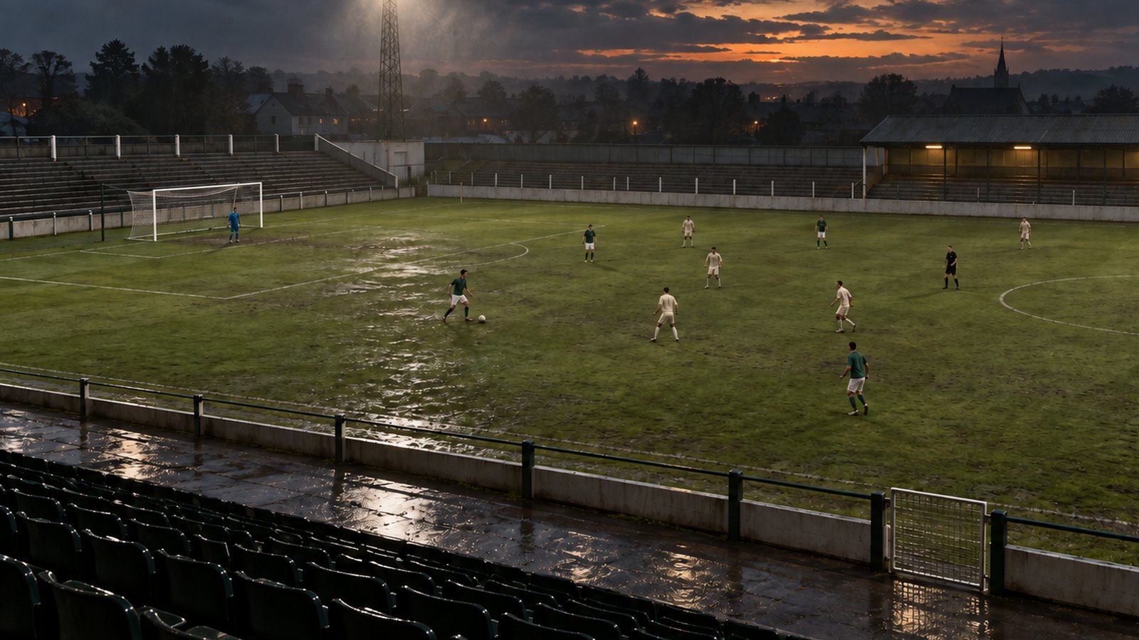 An empty lower-league stadium at dusk as two generic teams complete the final minutes under floodlights