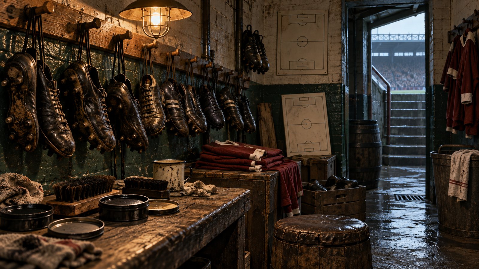 A cramped football boot room beneath an old stadium stand with leather boots, polish tins, wooden crates and coaching notes