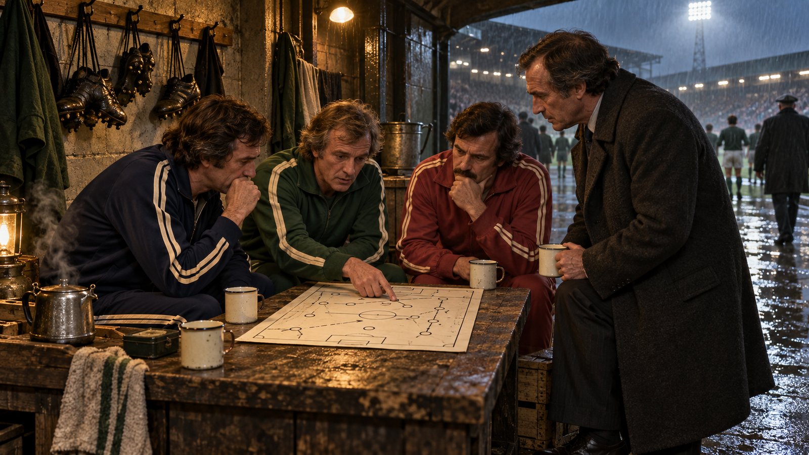 Football coaches in plain 1970s tracksuits around crates after a match, studying a handwritten scouting notebook
