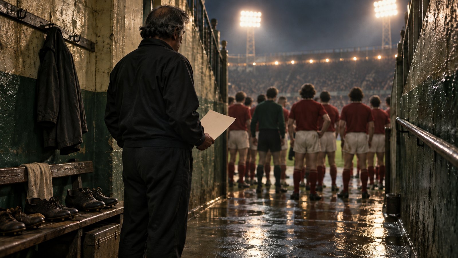 A quiet 1970s football coach alone in an old stadium tunnel holding a lineup card before a European night
