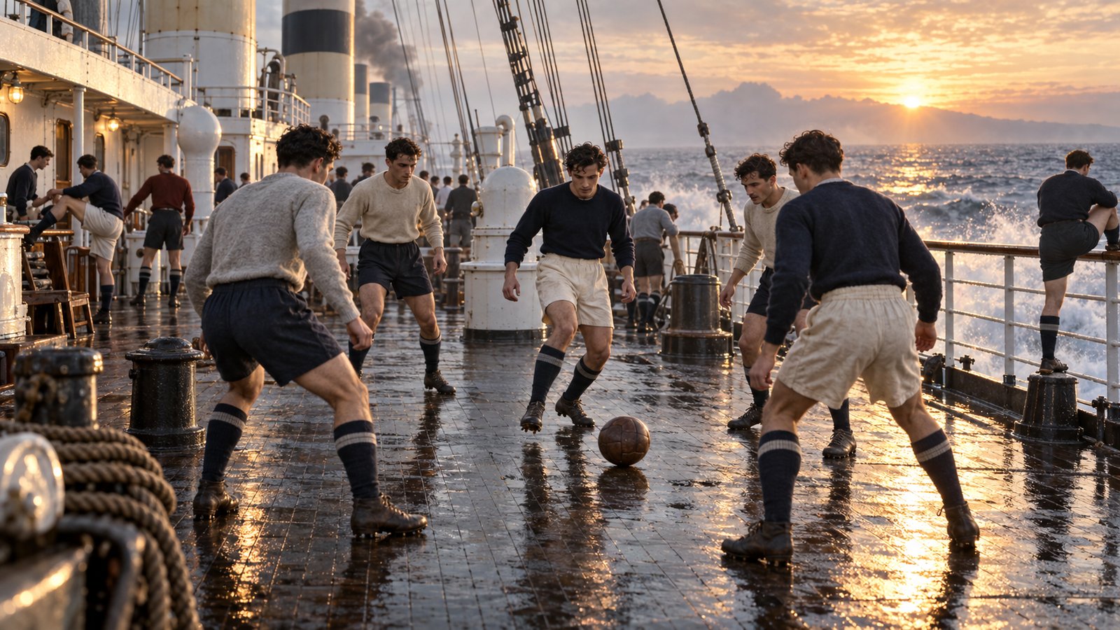 French footballers training with a ball on the deck of a passenger ship bound for Uruguay in 1930