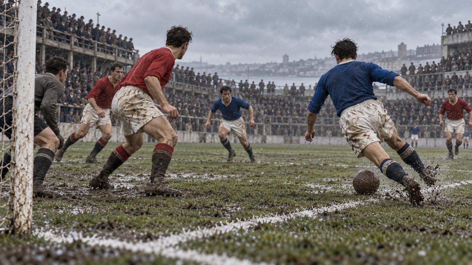 A French inside-forward volleys a cross against Mexico at the compact Pocitos ground in 1930