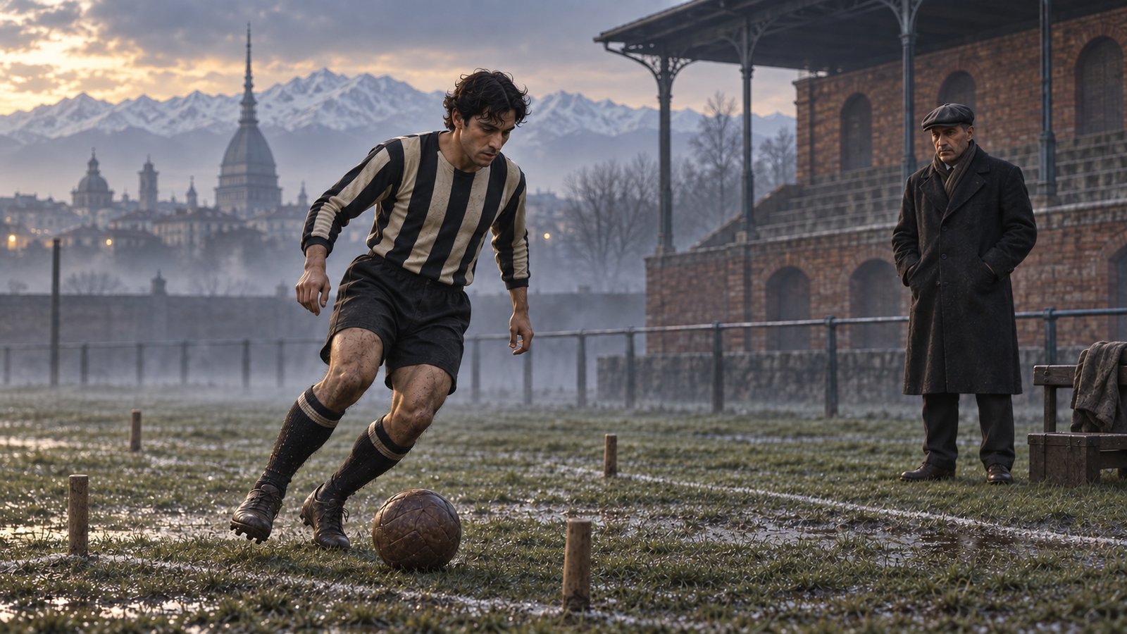 A fictional Argentine-born player training in Turin between plain pale-blue and dark-blue football shirts