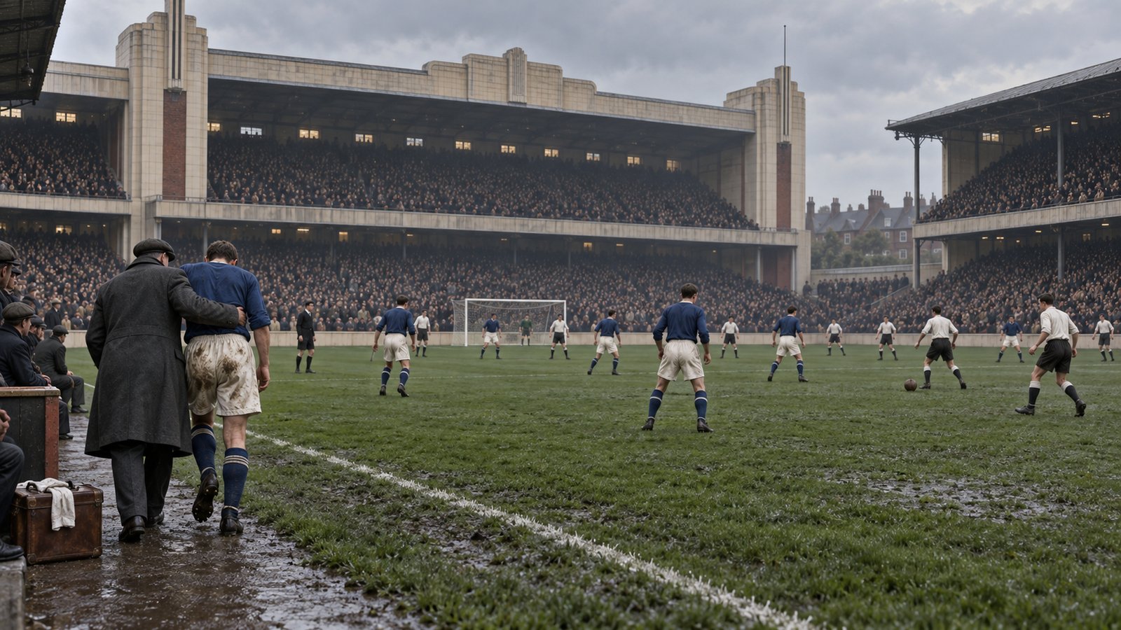 A fictional 1934 night match at a packed London ground with ten blue-shirted players reorganising after an injury