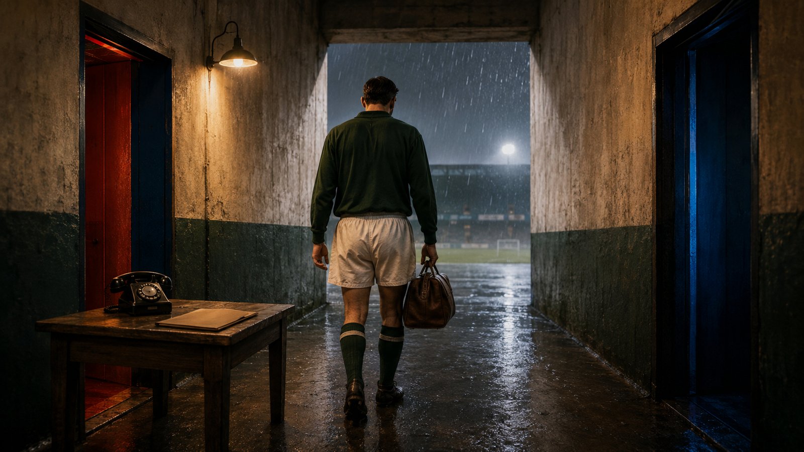 An anonymous early-1960s playmaker surveys passing lanes from the centre circle under floodlights
