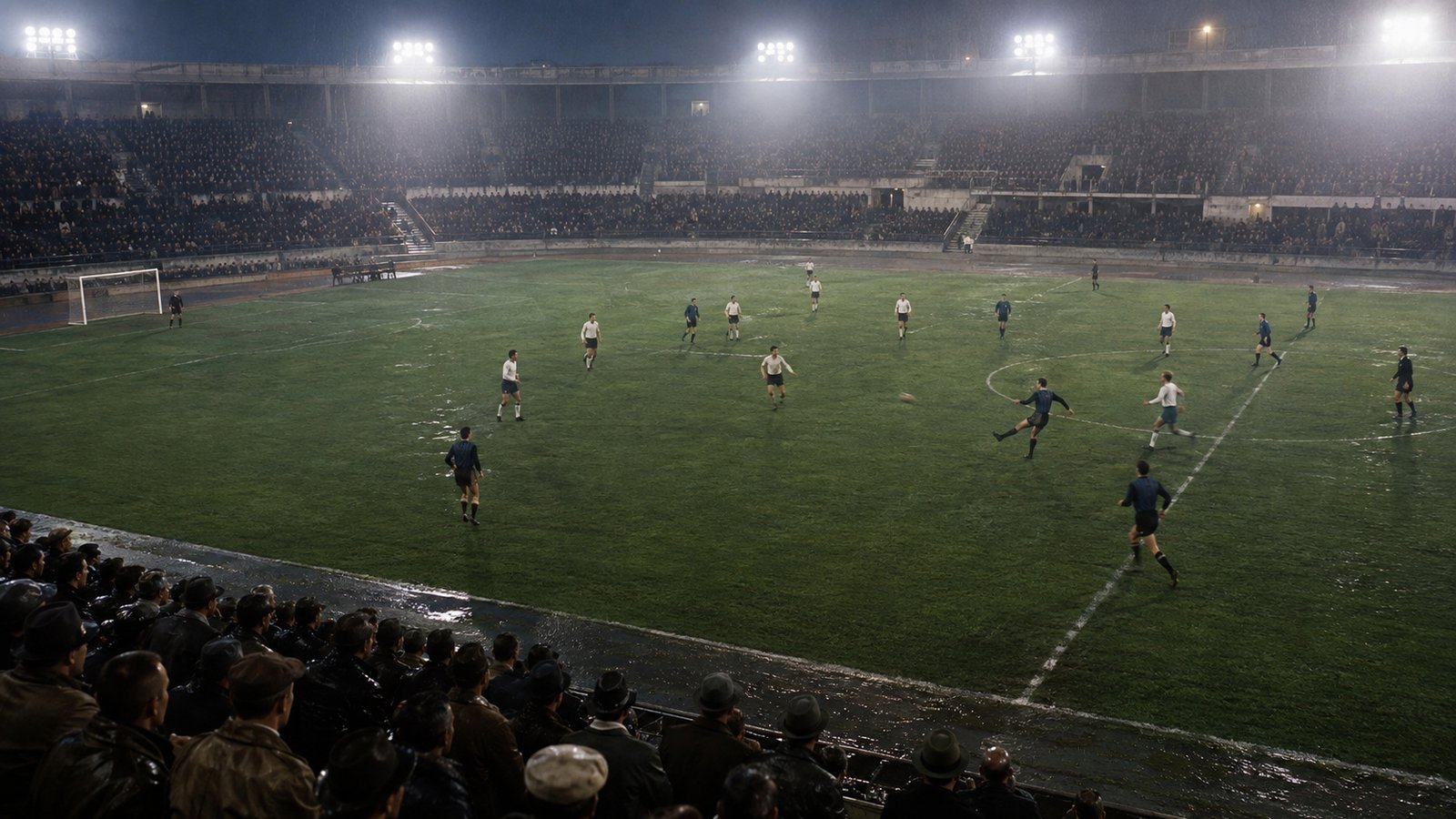 An anonymous playmaker sends a long diagonal toward a wide runner in a fictional 1960s Italian stadium