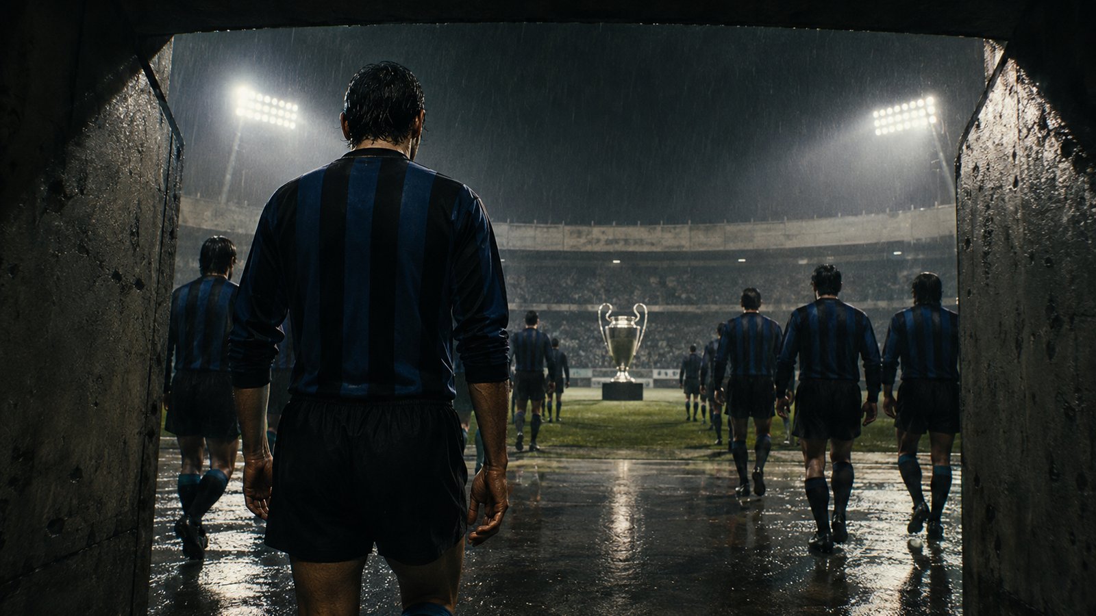 Anonymous early-1960s players emerge from a concrete tunnel toward a European final under rain-bright floodlights
