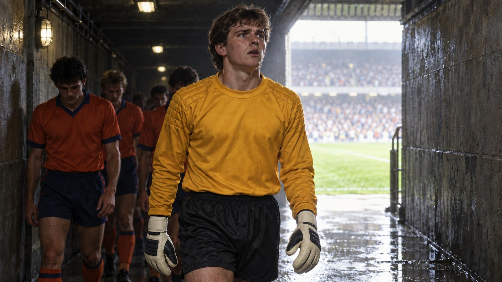 A young reserve goalkeeper walking into a crowded 1980s Wembley stadium