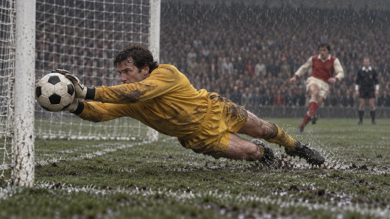 A goalkeeper diving left to save a late penalty in a packed 1980s cup final