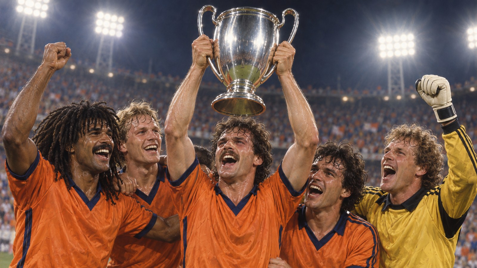 Luton-inspired players celebrating with a silver cup beneath Wembley floodlights