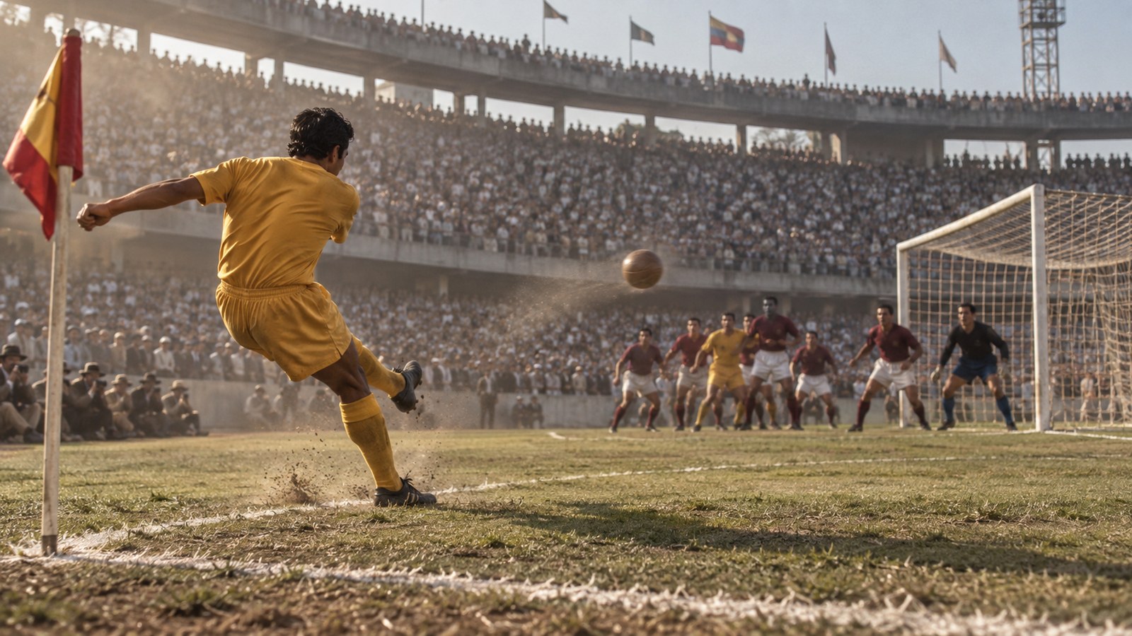 Marcos Coll curls a low corner toward the near post against the Soviet Union in 1962