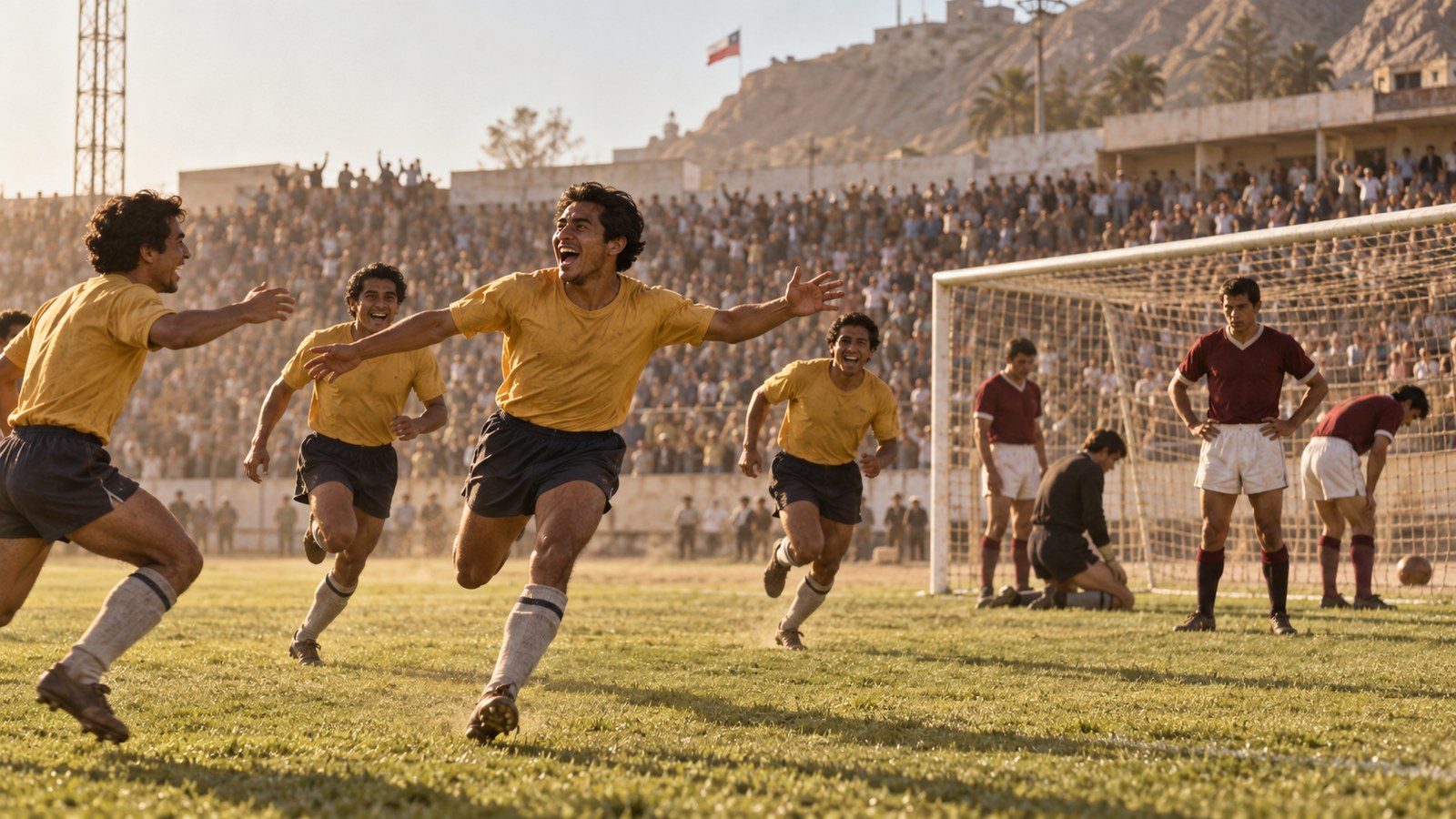 Colombian players celebrate Marino Klinger’s late equaliser against the Soviet Union