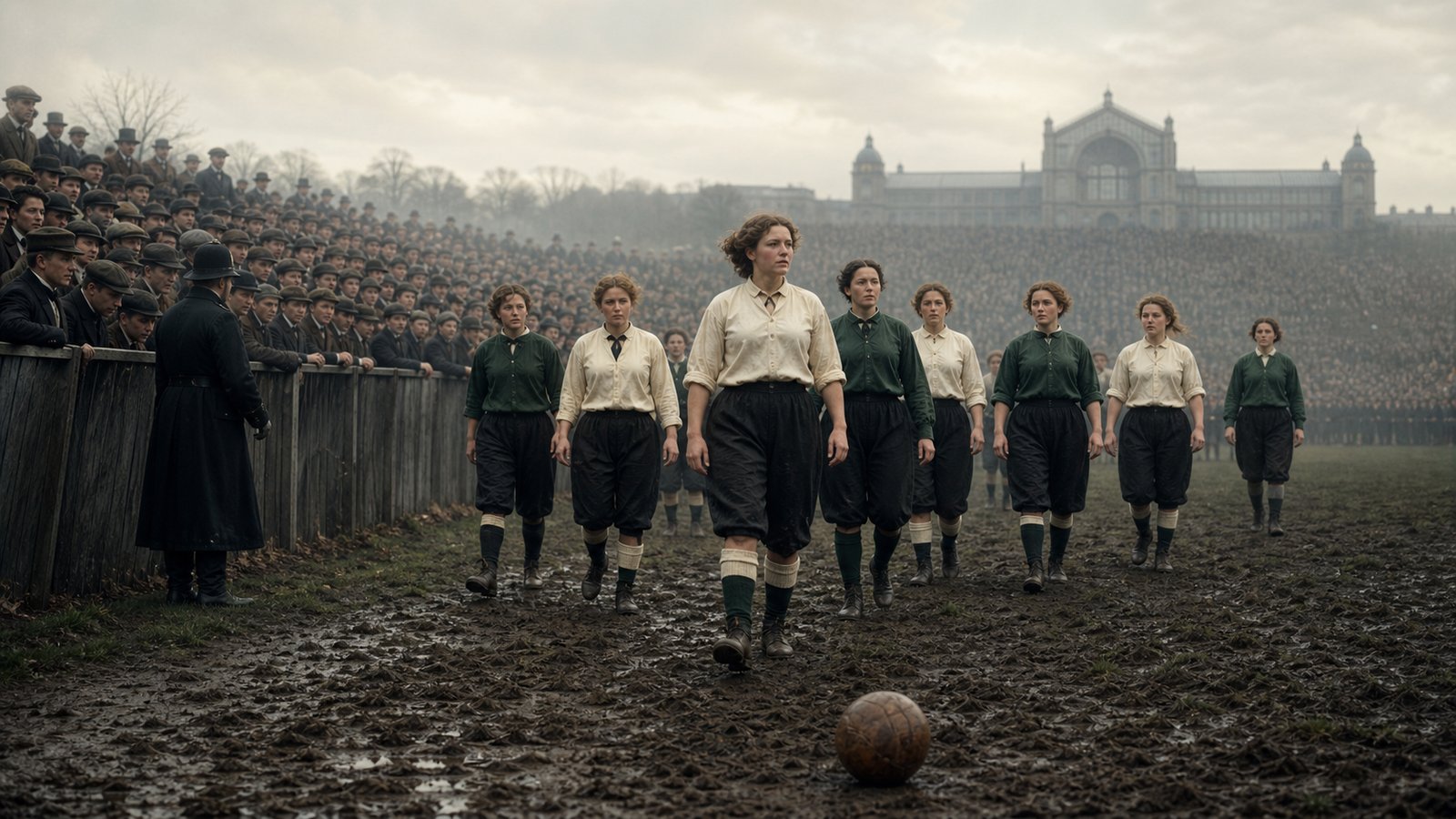 Victorian women footballers enter a muddy north London pitch before a large crowd in 1895