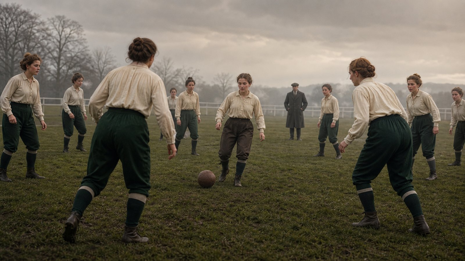 Victorian women in practical football clothing train with a plain leather ball on a cold field near London