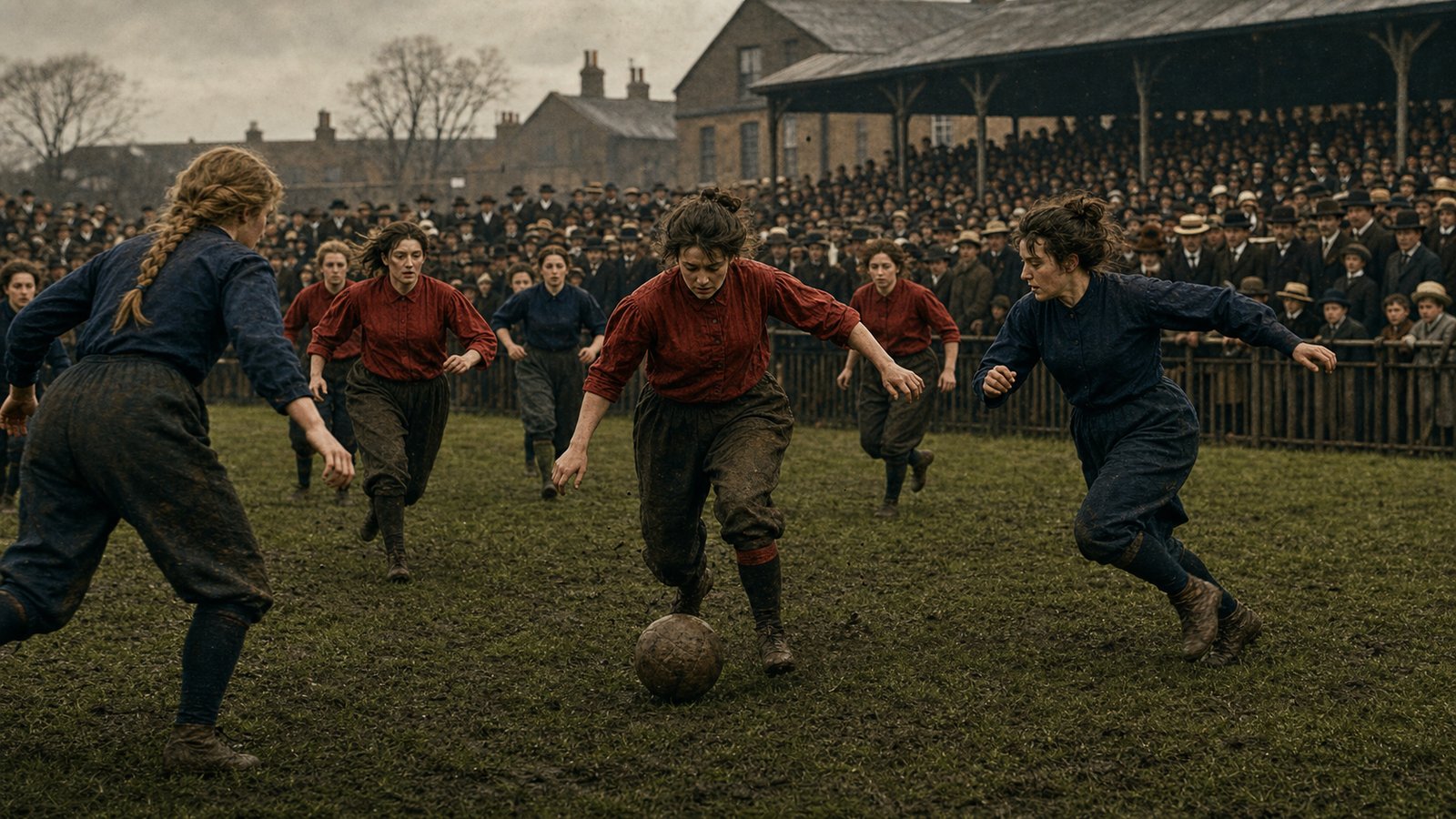 A large Victorian crowd surrounds a women’s football match at a north London ground in March 1895