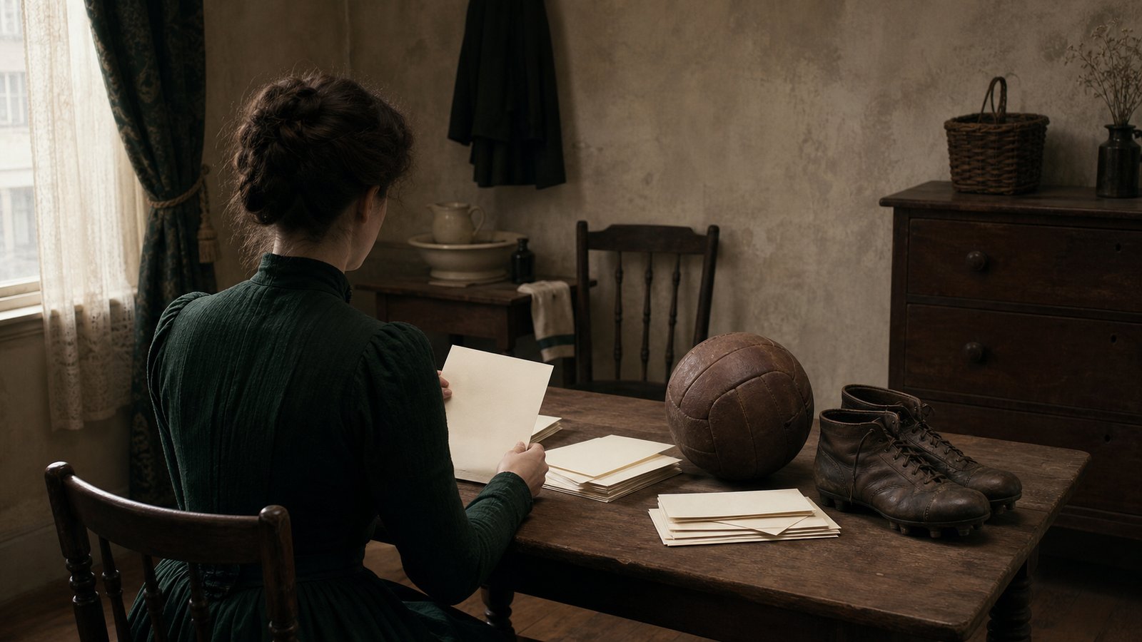 A Victorian woman sorts football correspondence beside plain boots and a leather ball in a modest London room