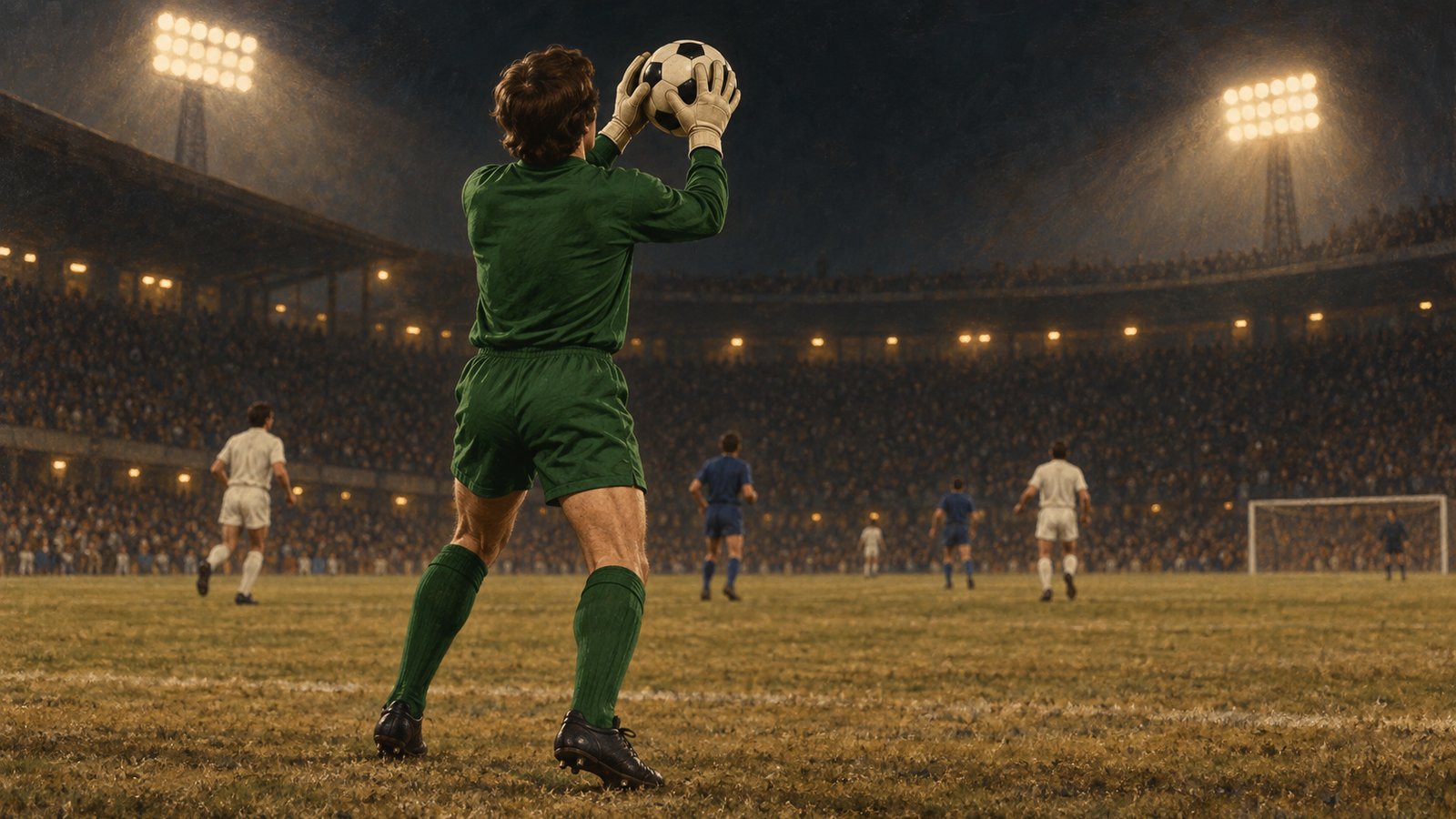 A young reserve goalkeeper in a plain green 1980s kit steps from a European final bench under Rotterdam floodlights