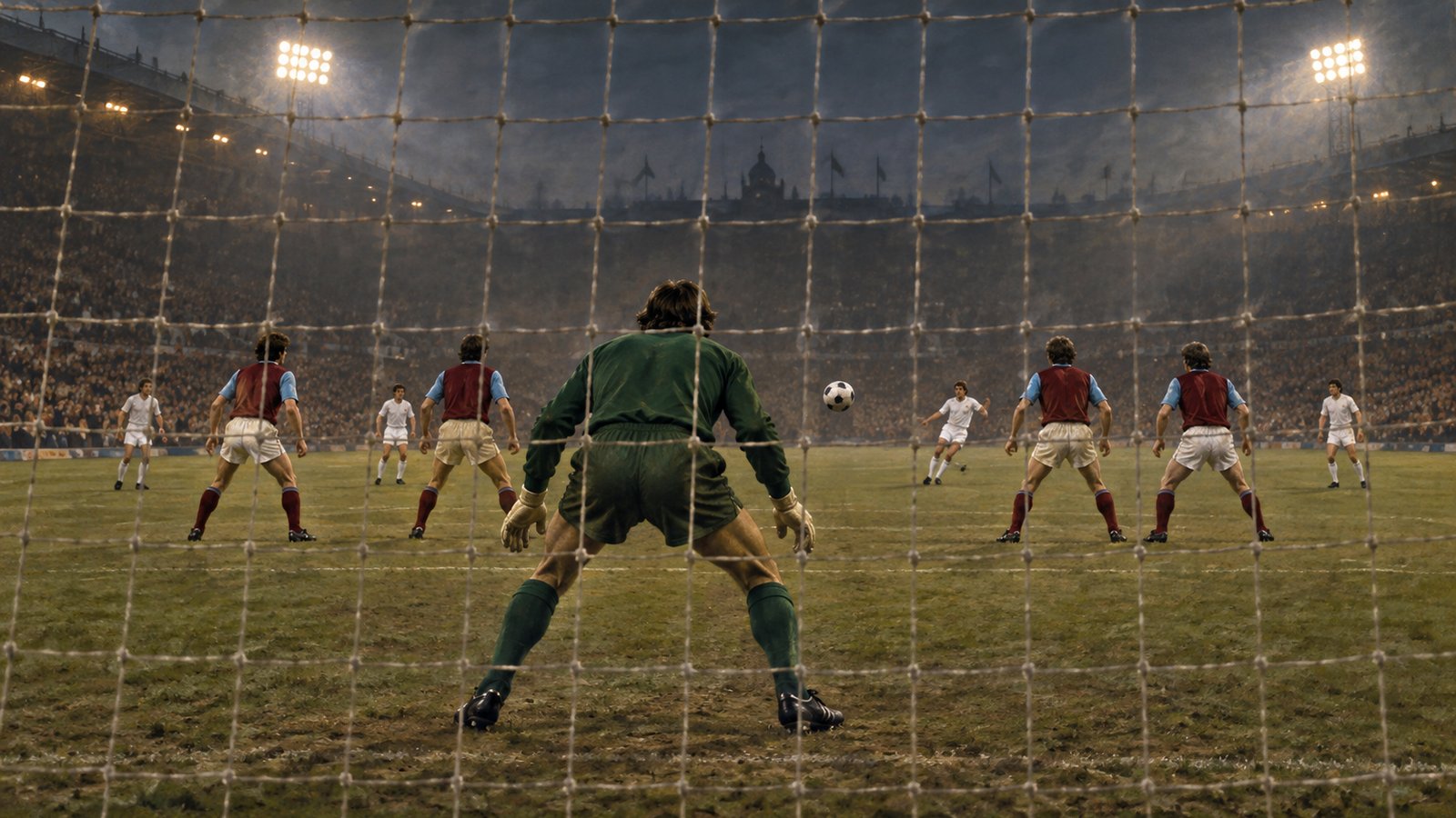A generic claret-and-blue defence crowds its six-yard box against white-shirted pressure in a rainless 1982 European final
