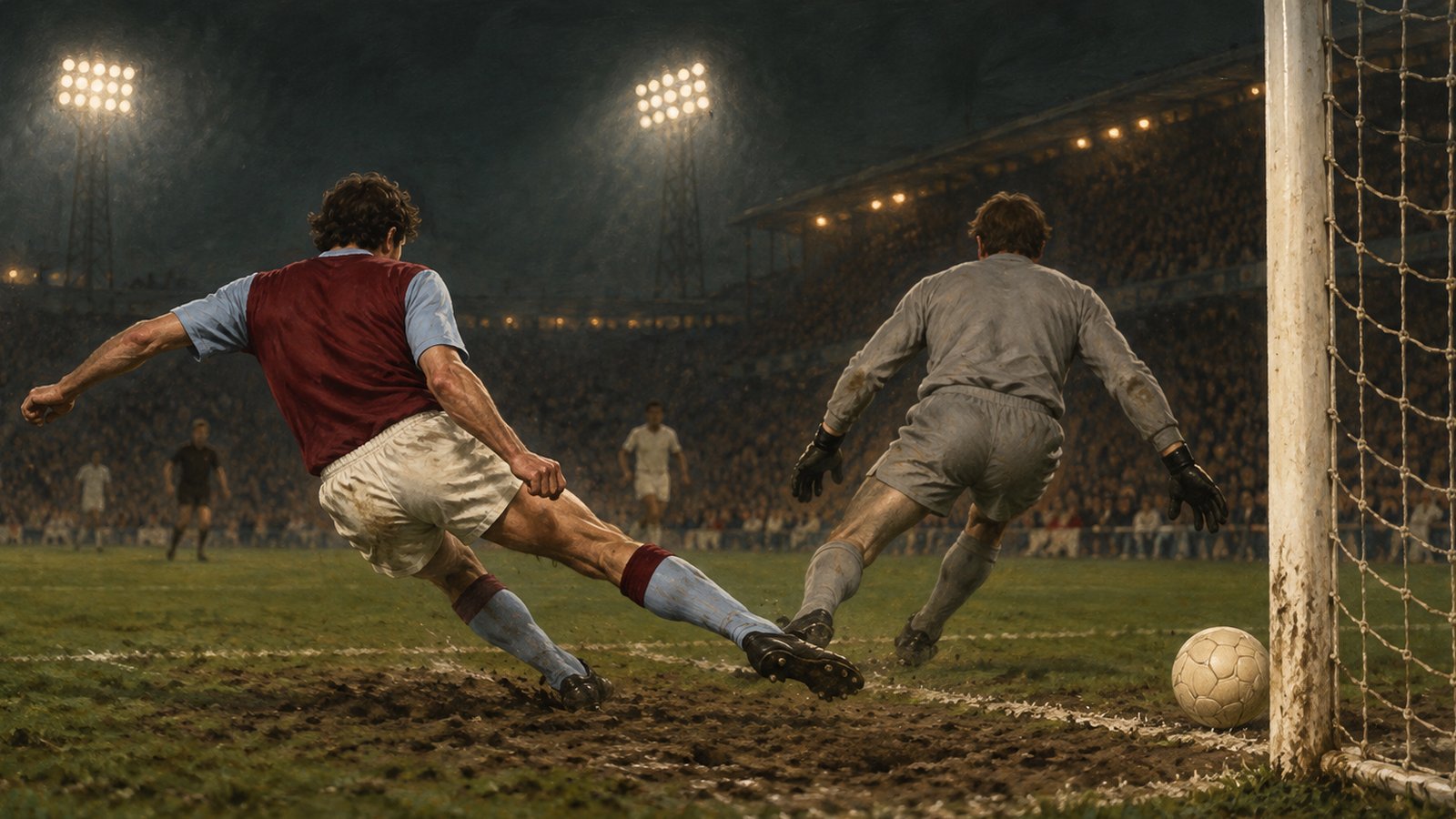 A generic claret-and-blue striker meets a low cross at the near post in a packed European stadium