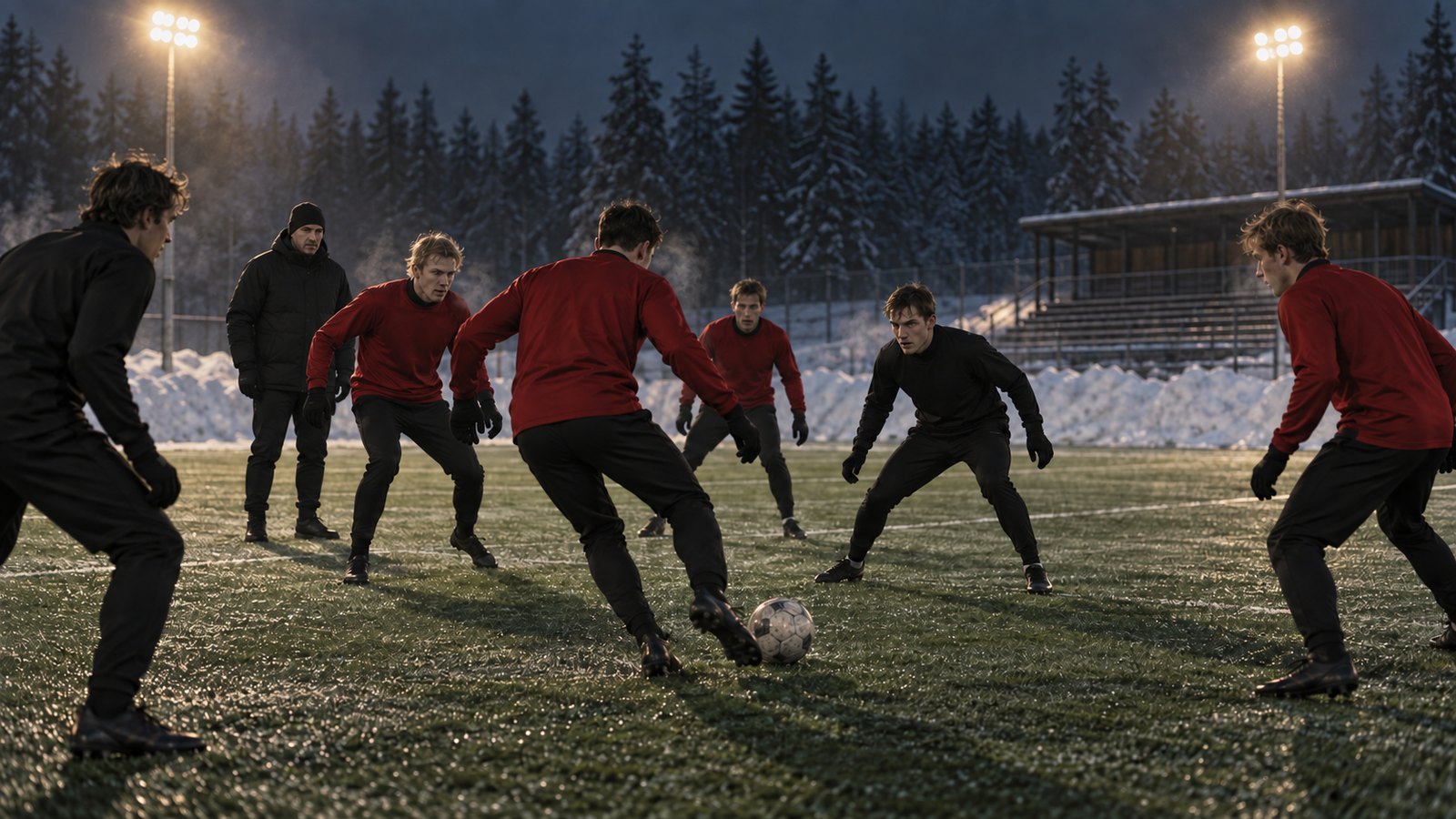 A coach leading a ball-focused training session under snow-lined floodlights at a small northern Swedish football ground