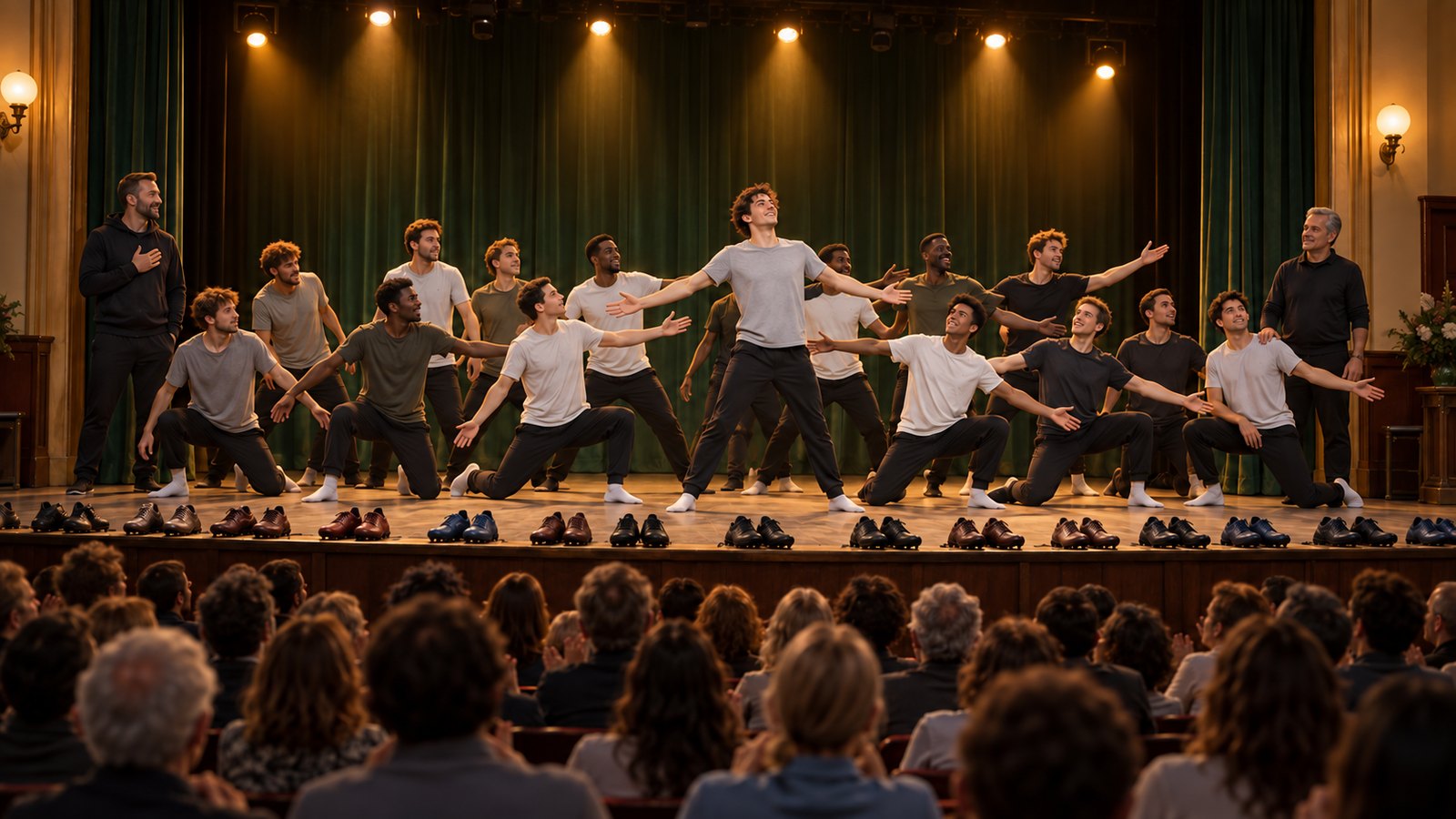 Footballers and staff performing together on a modest community theatre stage before a full audience