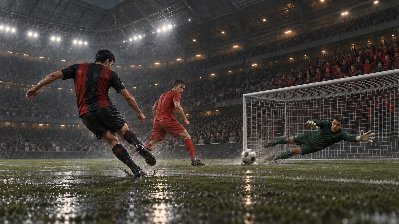 A visiting player in plain red and black scoring under floodlights in a vast London stadium as away supporters celebrate