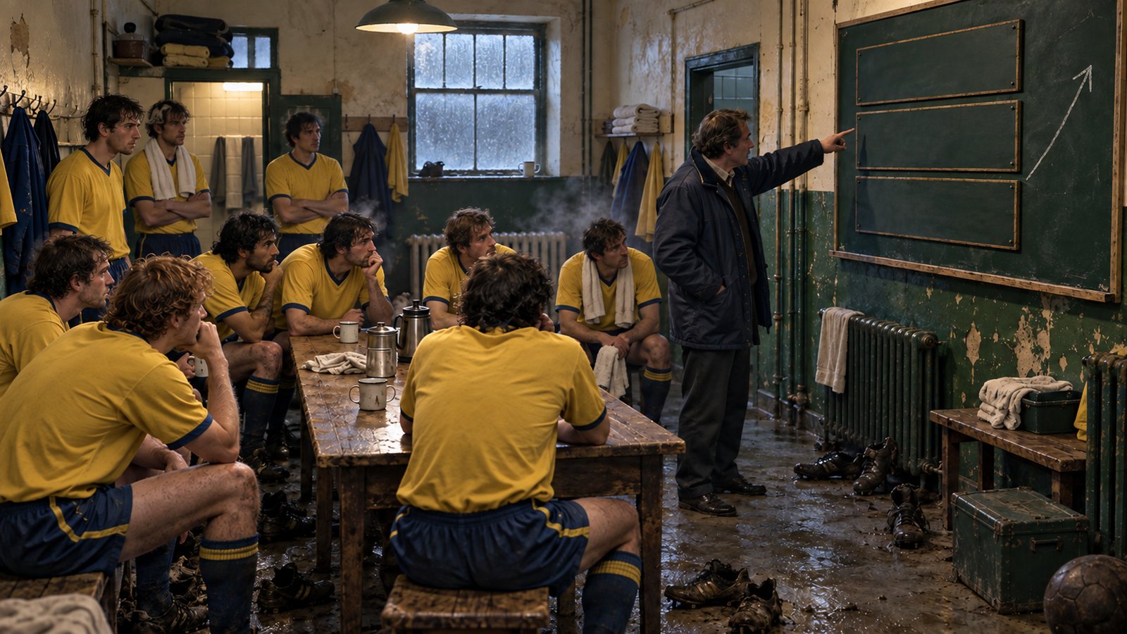 A fictional 1980s English football squad studying promotion tables in a modest dressing room
