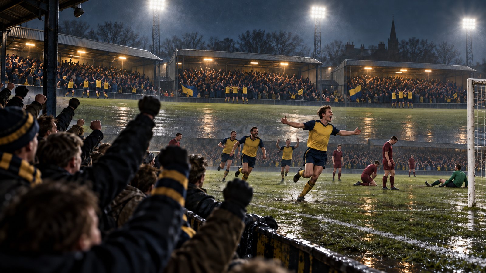 A fictional 1980s cup night at a compact English ground under floodlights