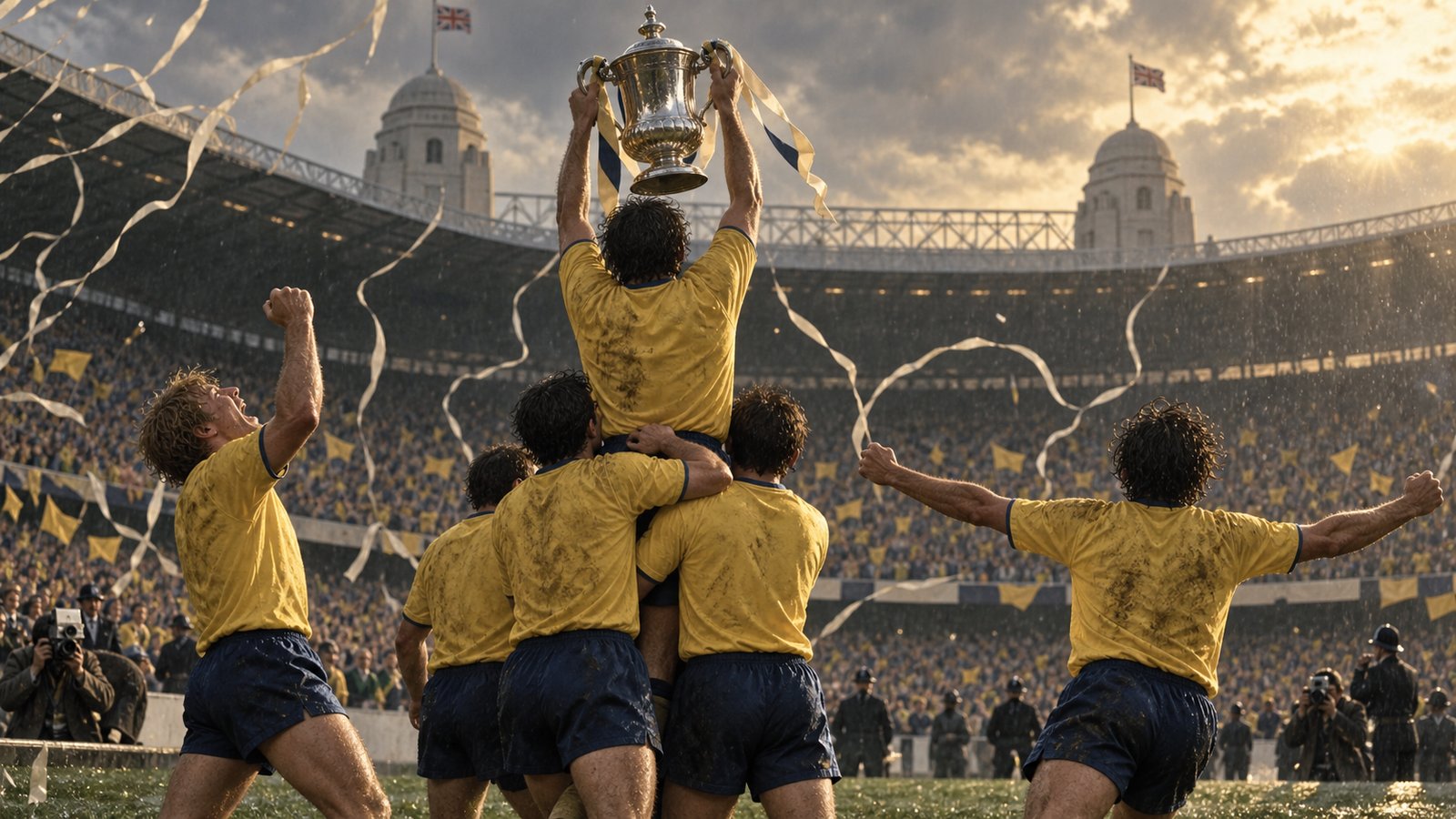 Fictional players in yellow and blue celebrating beneath Wembley’s twin towers in 1986