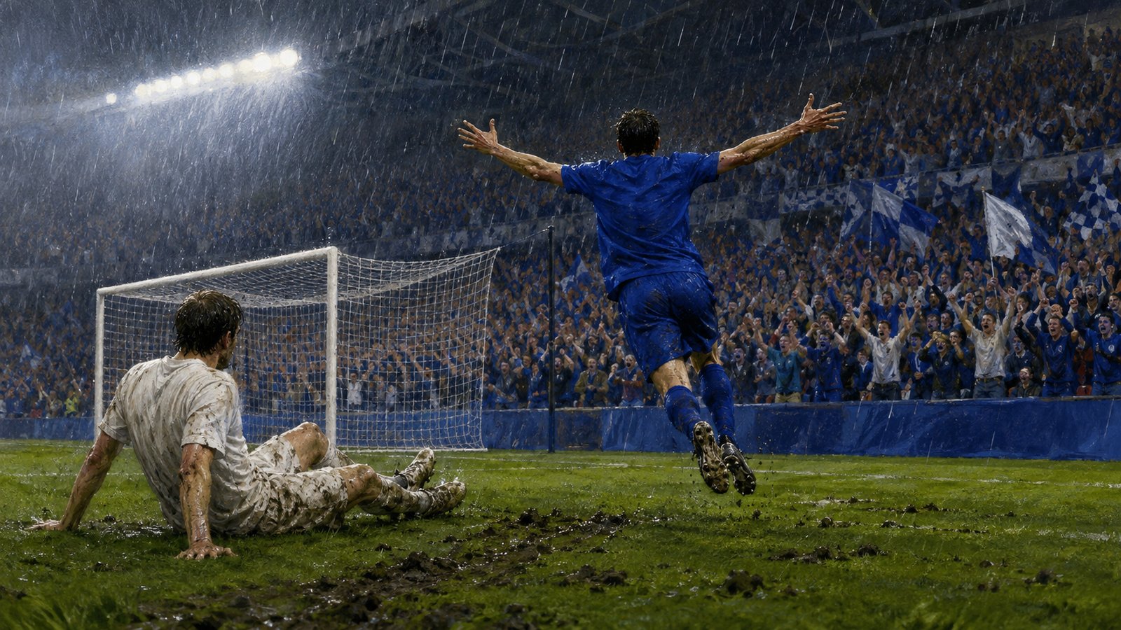 A fictional Portsmouth forward reacting after an extra-time Wembley goal against generic white-shirted opponents