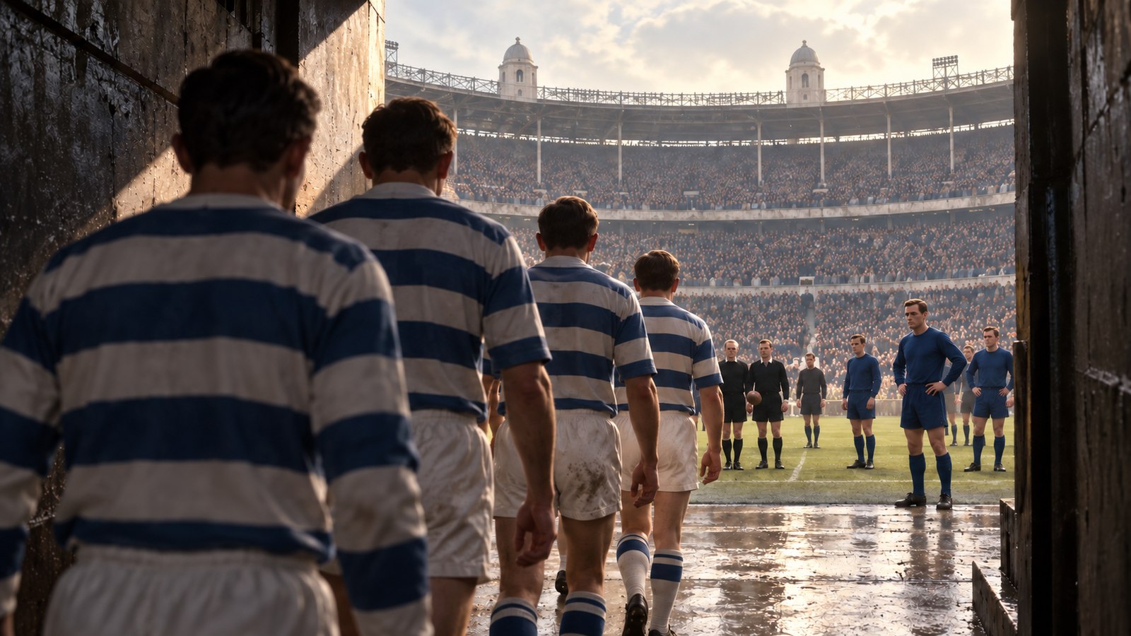 A fictional Third Division team walking into a packed Wembley for the 1967 League Cup final
