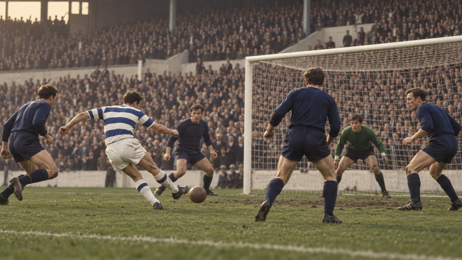 A fictional QPR winger scoring the late winner as supporters rise behind the goal