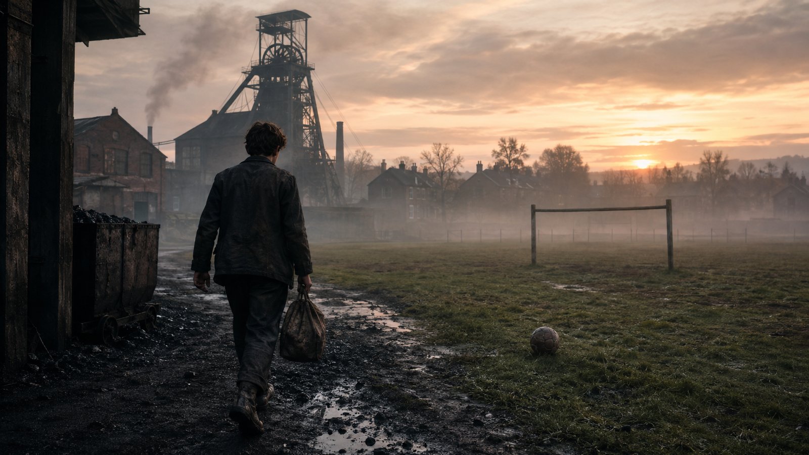 A young coal miner leaving a northern French pit for a muddy football training ground in the late 1940s