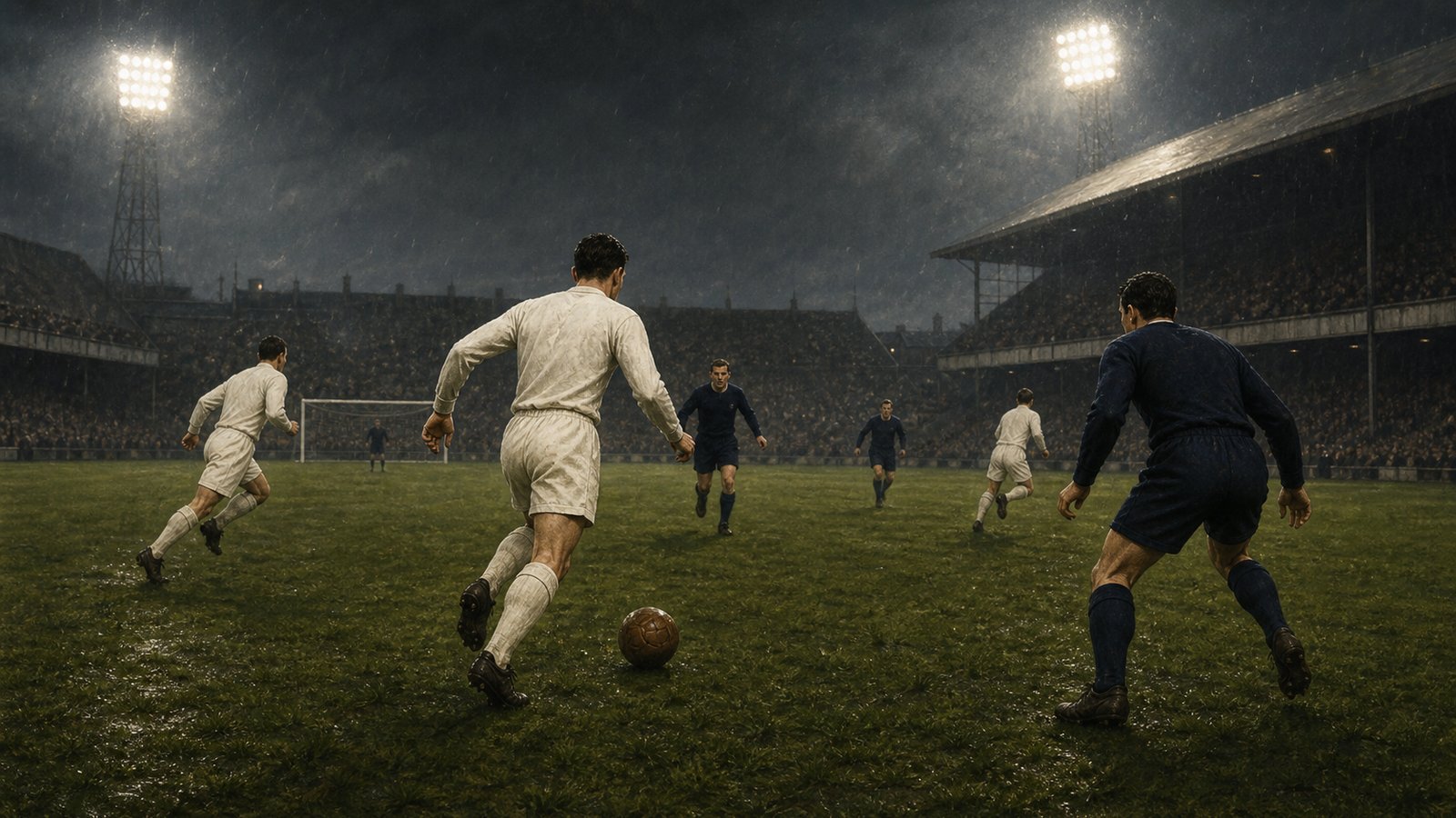 A small creative midfielder in a plain white 1950s kit directing play under Madrid floodlights