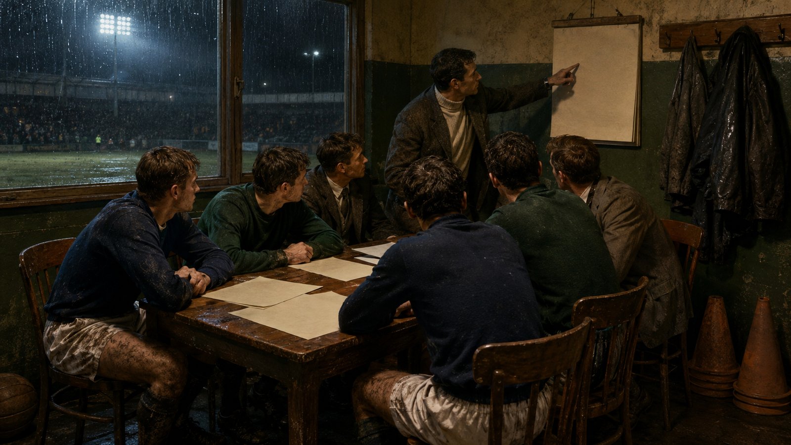 French professional footballers meeting around a plain table with contracts and union papers in 1963