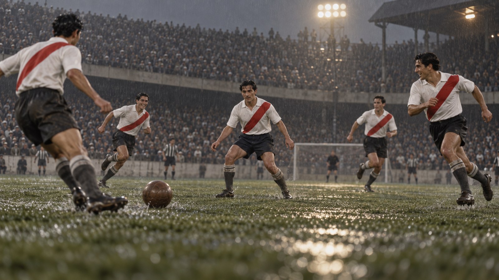 Five fictional 1940s River-style attackers moving across a rain-darkened pitch in plain diagonal-sash shirts