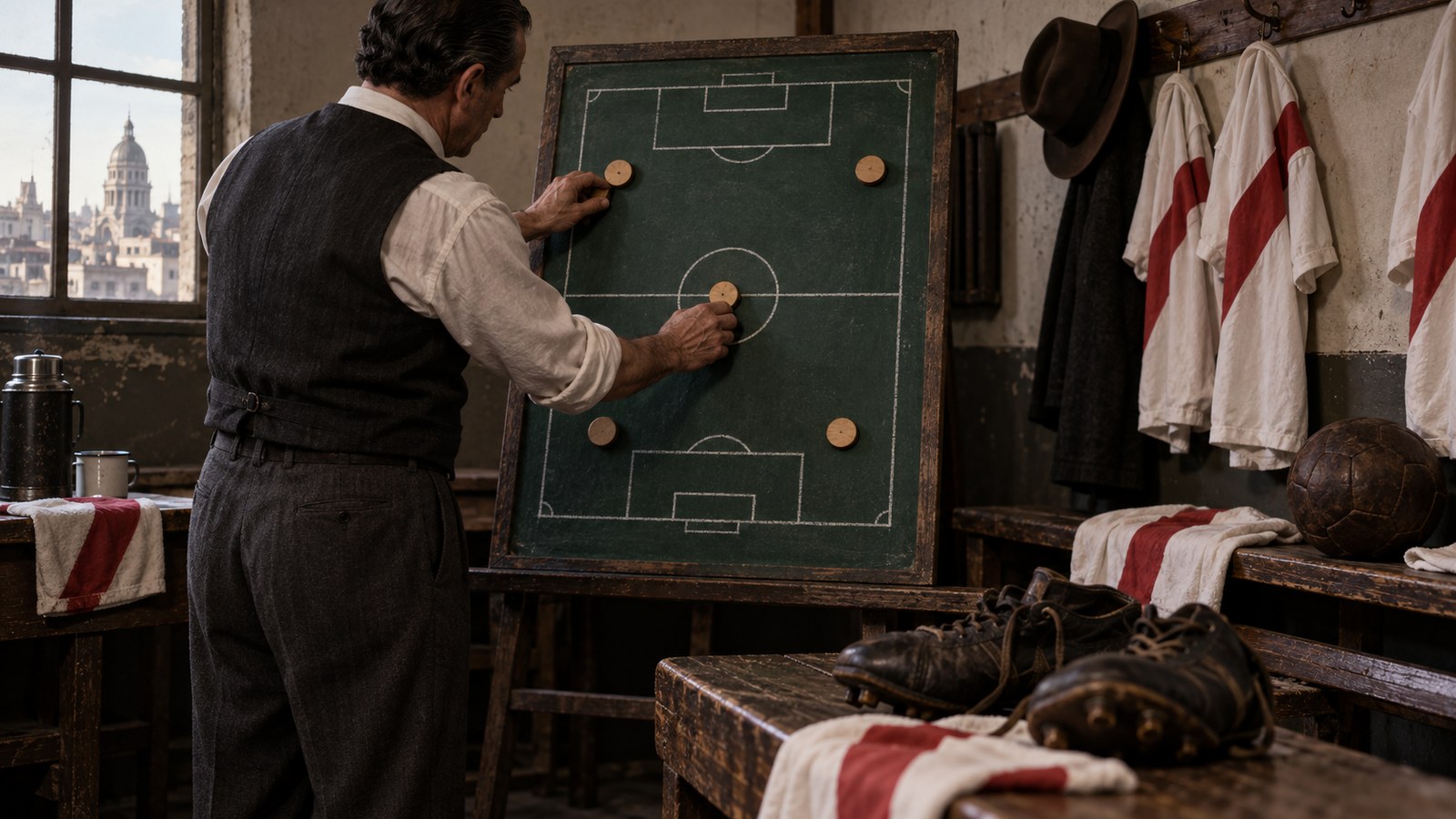 A 1940s coach moving a center-forward marker backward on a chalk tactics board as four other markers spread