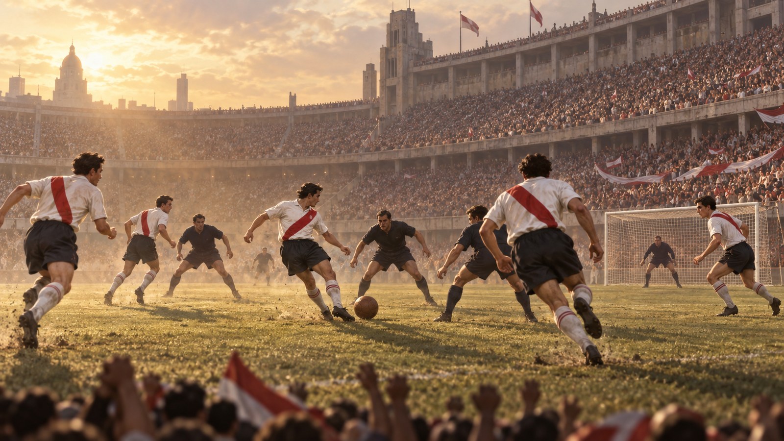 A packed Buenos Aires stadium watching five attackers exchange lanes while defenders lose their references