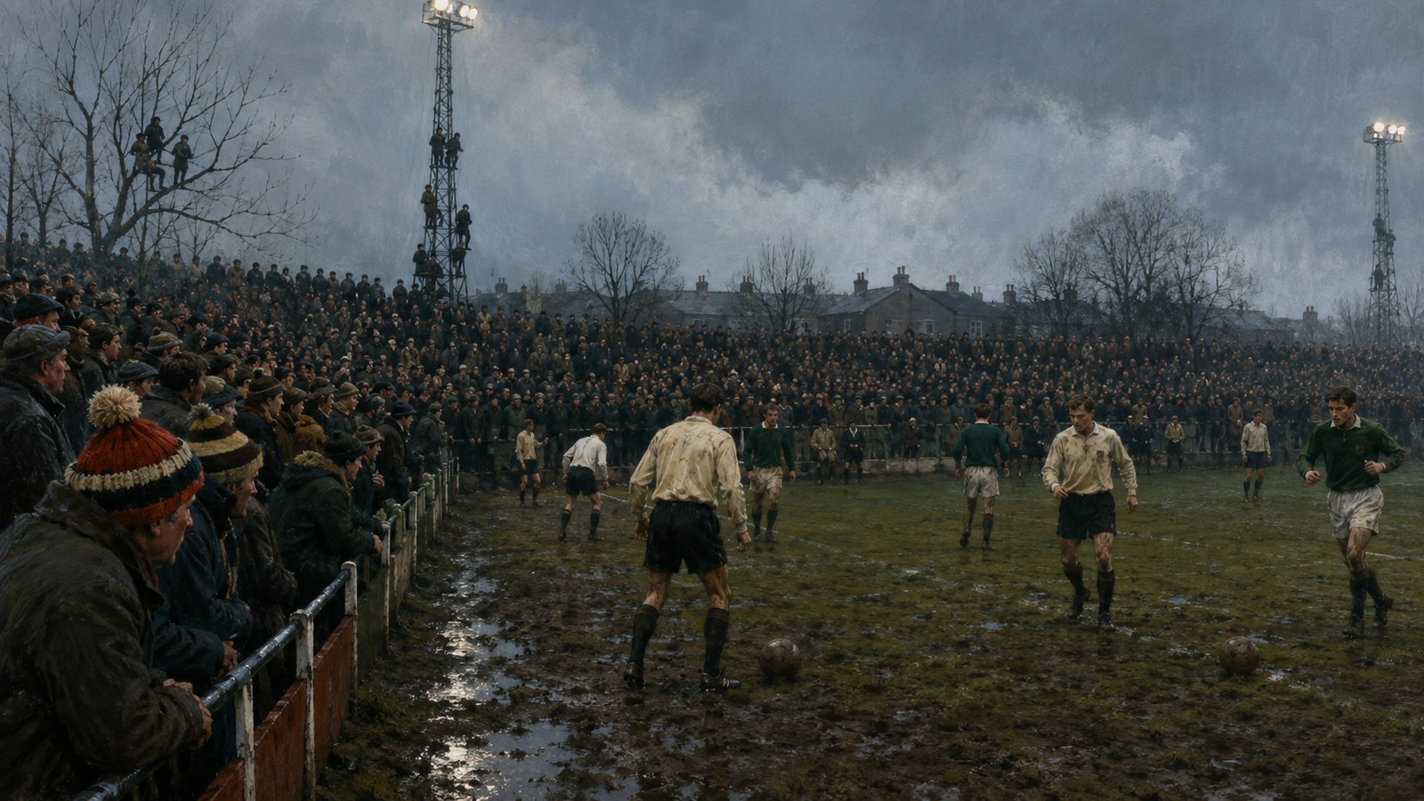 Supporters in winter coats crowding around a muddy non-league football ground in 1972