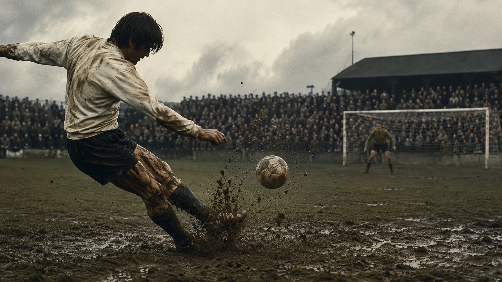A semi-professional midfielder striking a bouncing ball from long range on a mud-covered pitch