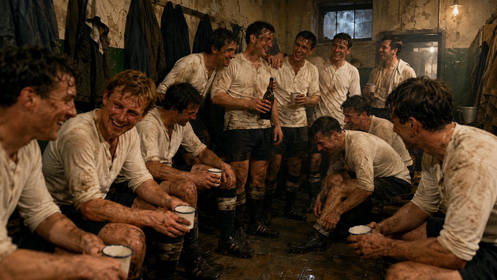 Hereford players celebrating together in a cramped 1970s dressing room after an FA Cup upset