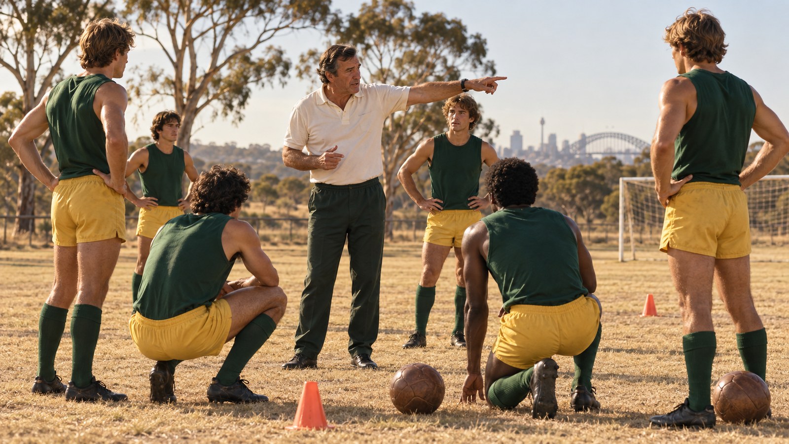 A veteran coach instructing a young national squad on a sunlit training ground in 1980