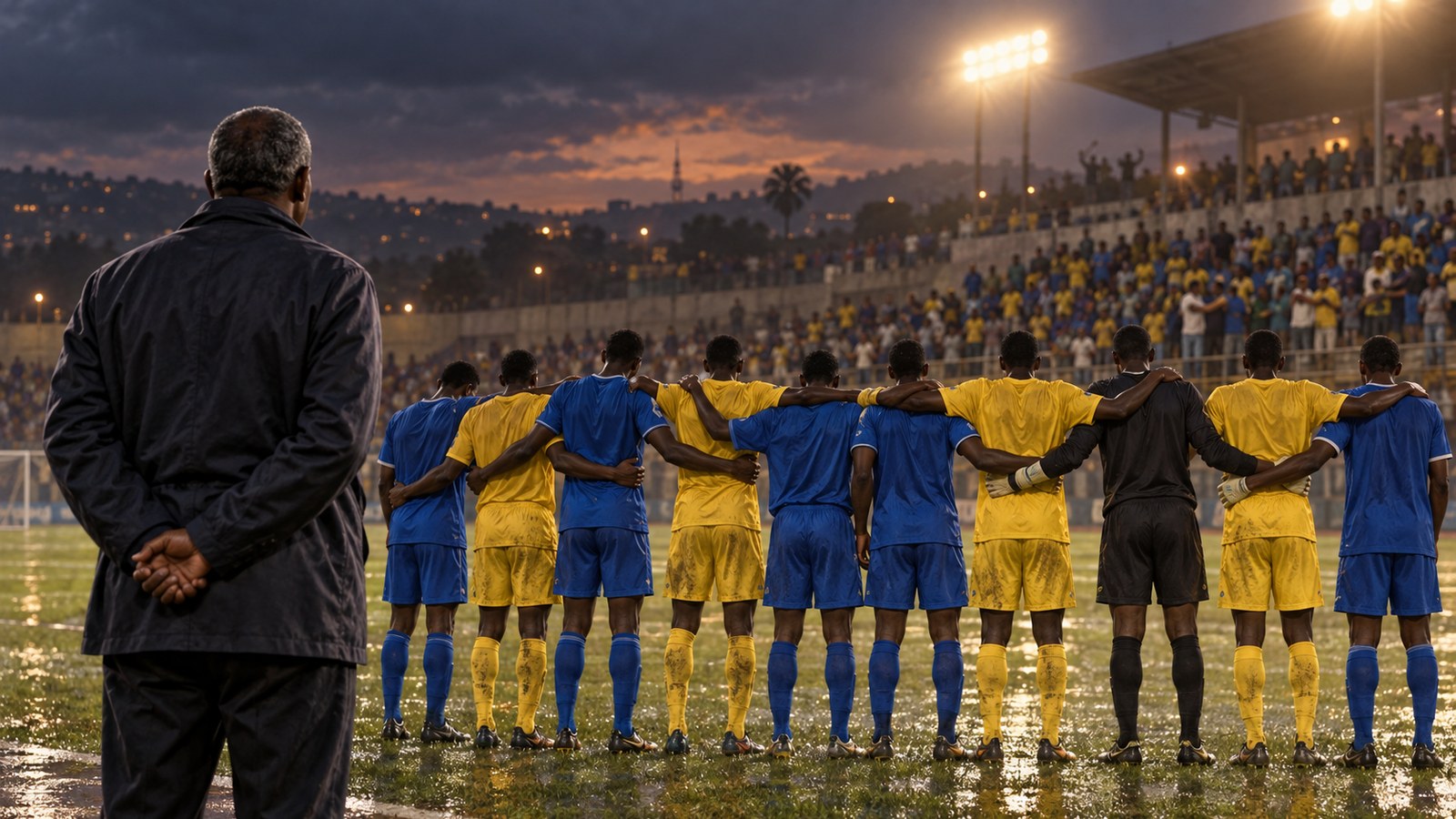 Football players and supporters gathering around floodlights after a national-team match in Kigali